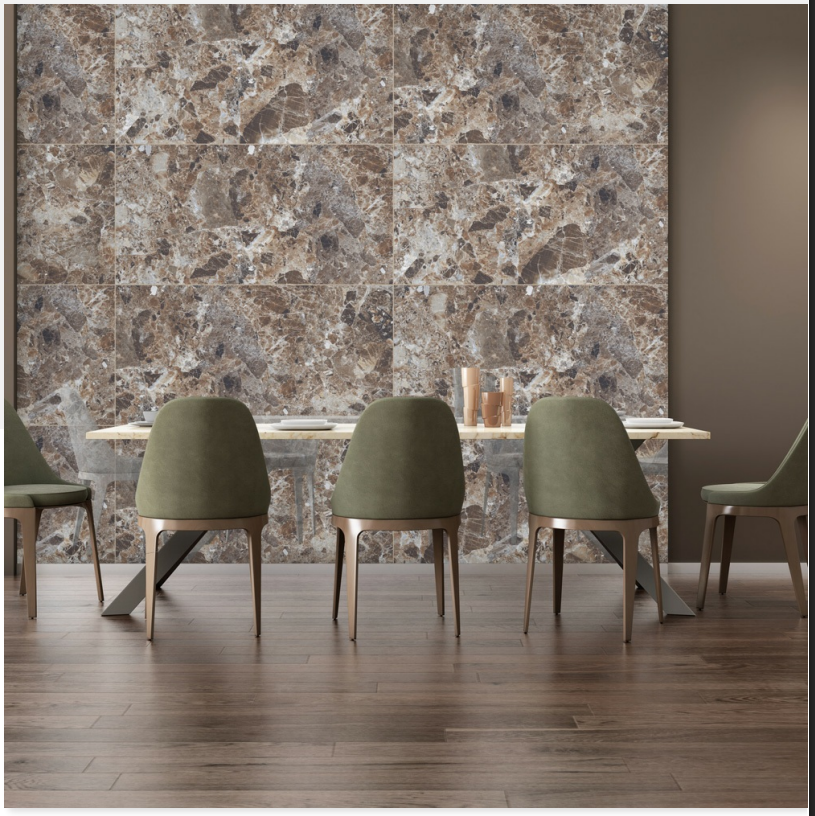 Seating area with large format stone wall tiles